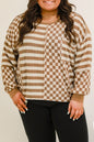 Khaki Striped Checkered Mixed Print Chest Pocket Casual Plus Size Top