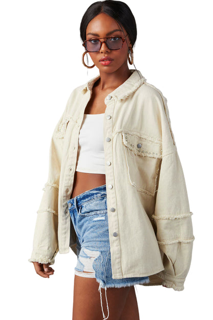 White Frayed Exposed Seam Denim Jacket