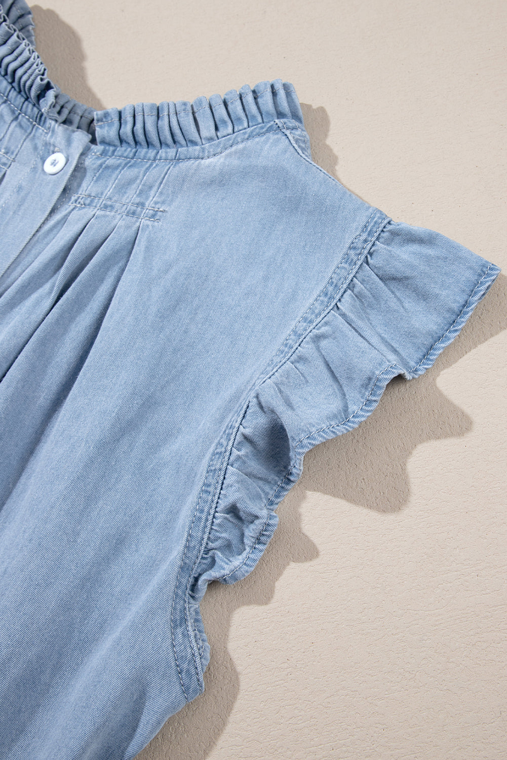 Beau Blue Frilly Pleated Button Back Retro Chambray Top