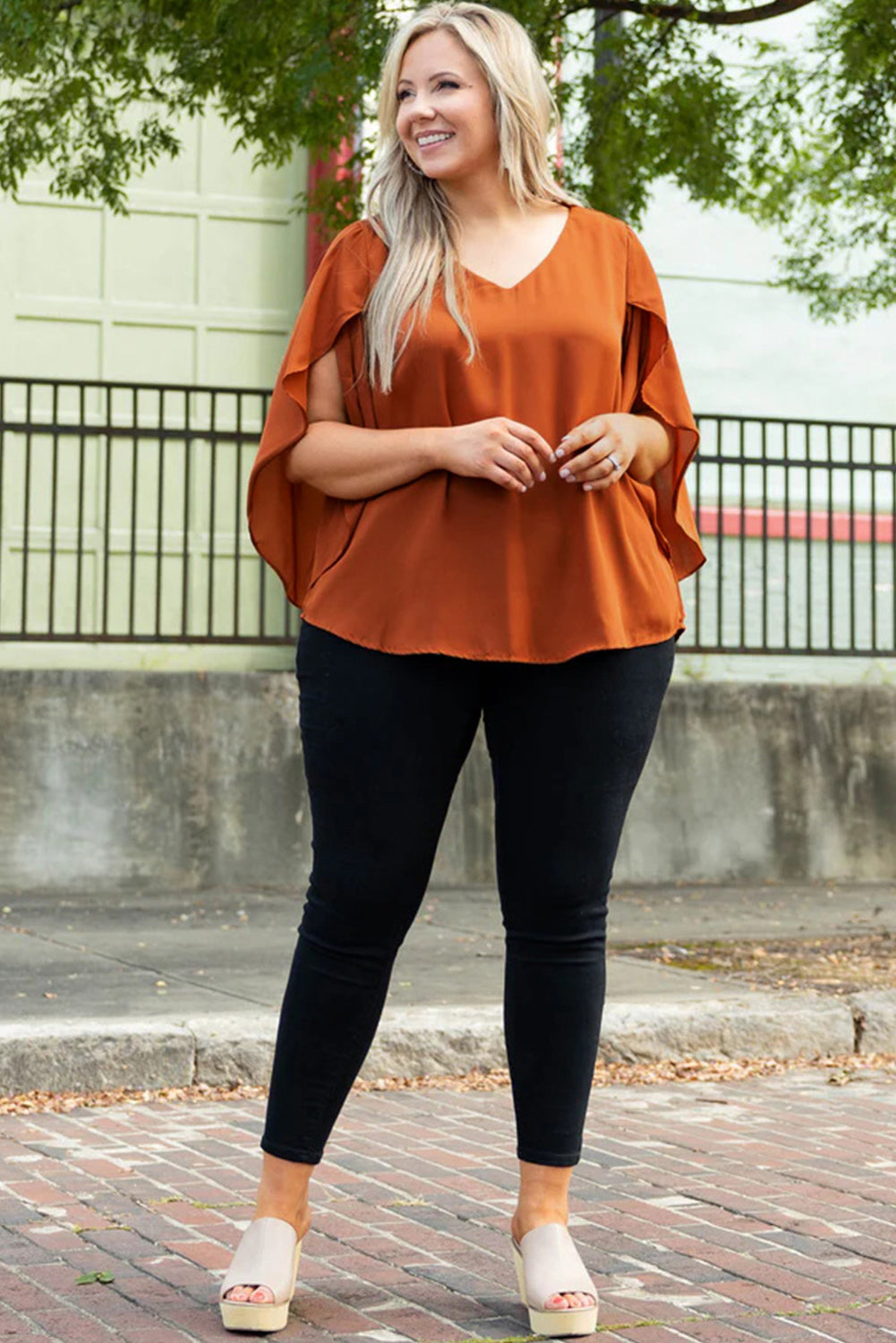 Gold Flame Plus Size Solid Wrapped Ruffled Sleeve V Neck Blouse