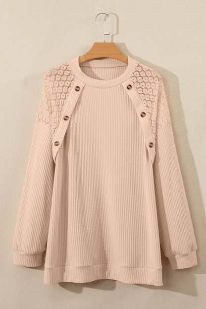 Beige Plus Size Lace Patchwork Buttons Waffle Knit Top