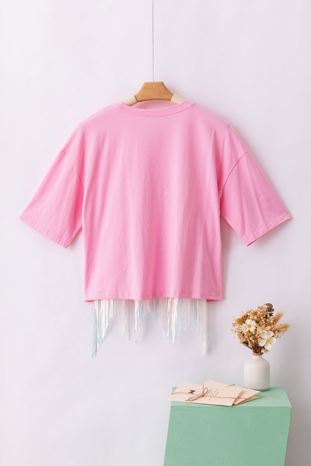 Pink Fringed Sequin Crop T-shirt