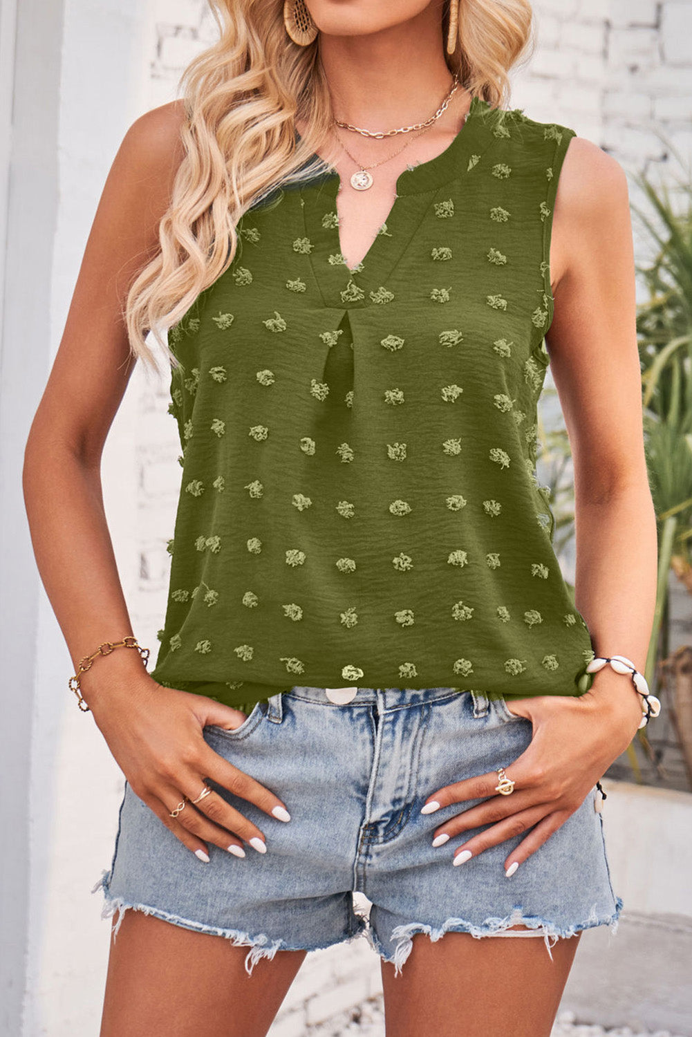 Green Swiss Dot Notched V Neck Tank Top