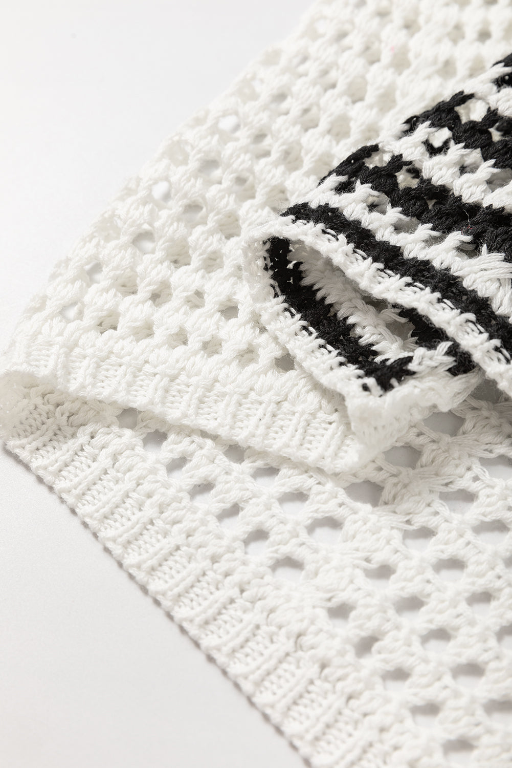 White Stripe Hollow-out Openwork Knit Puff Sleeve Sweater