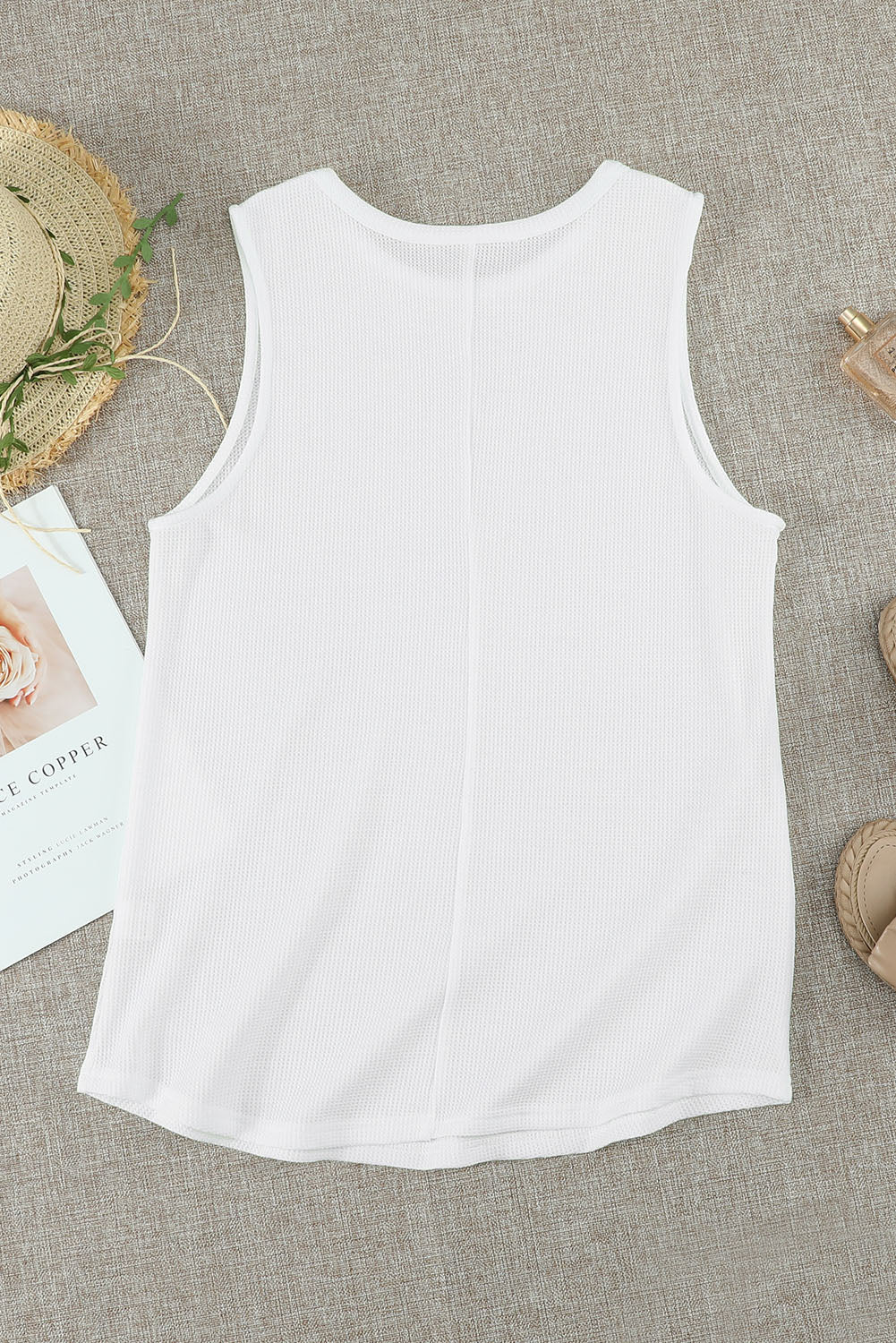 White Crew Neck Waffle Tank Top