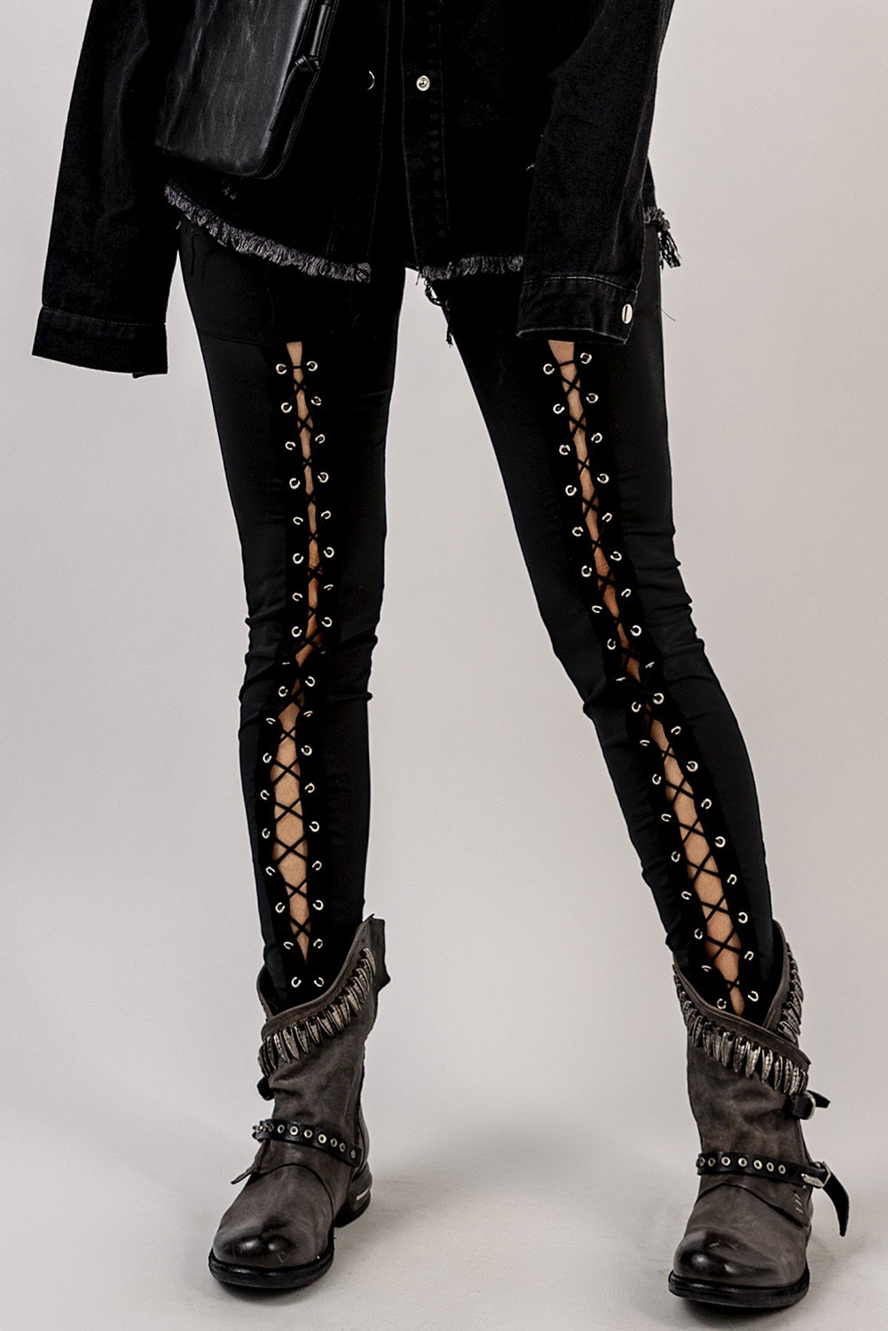 Black Grommet Lace Up Front Leggings