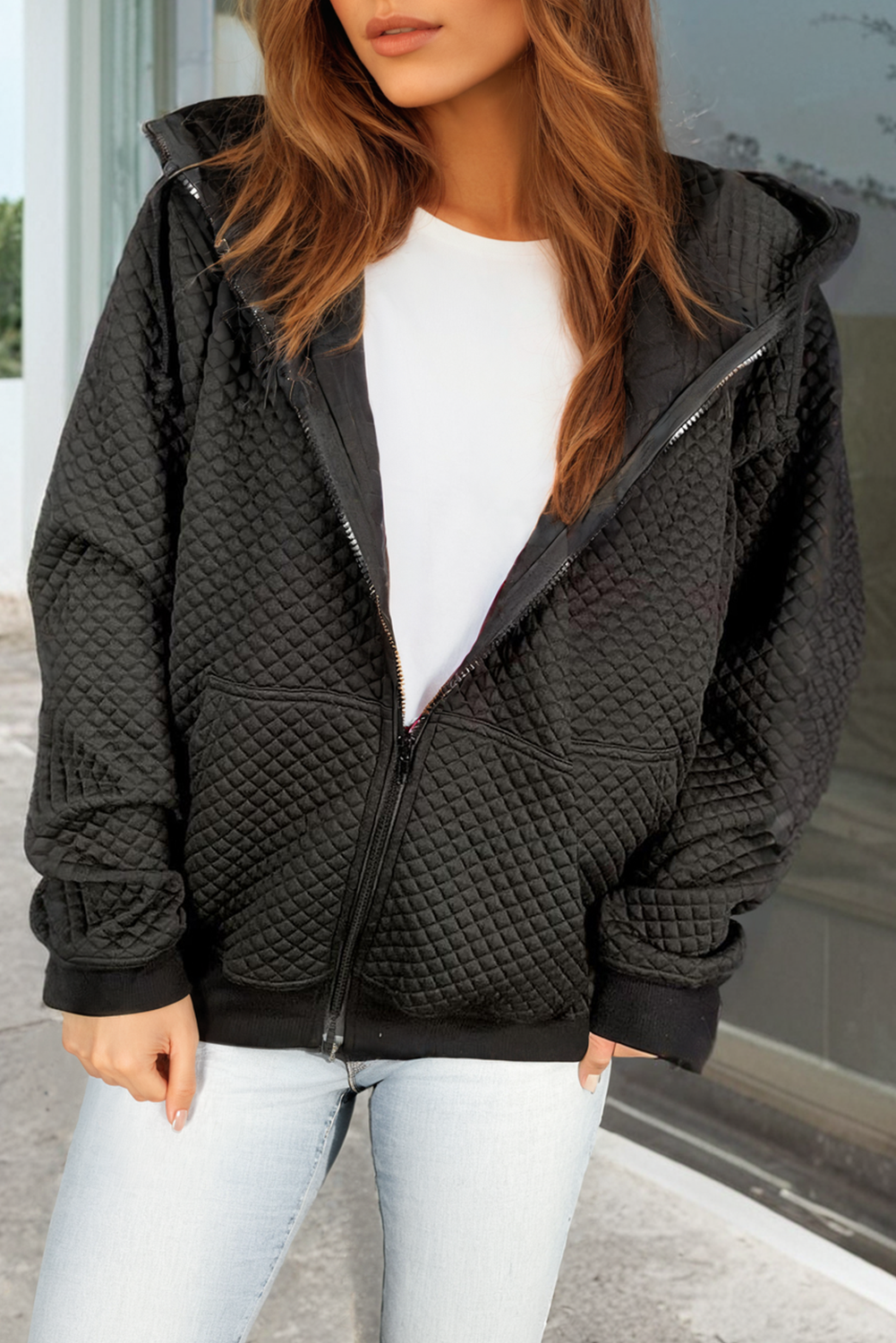 Black Quilted Side Pockets Zipper Hooded Jacket