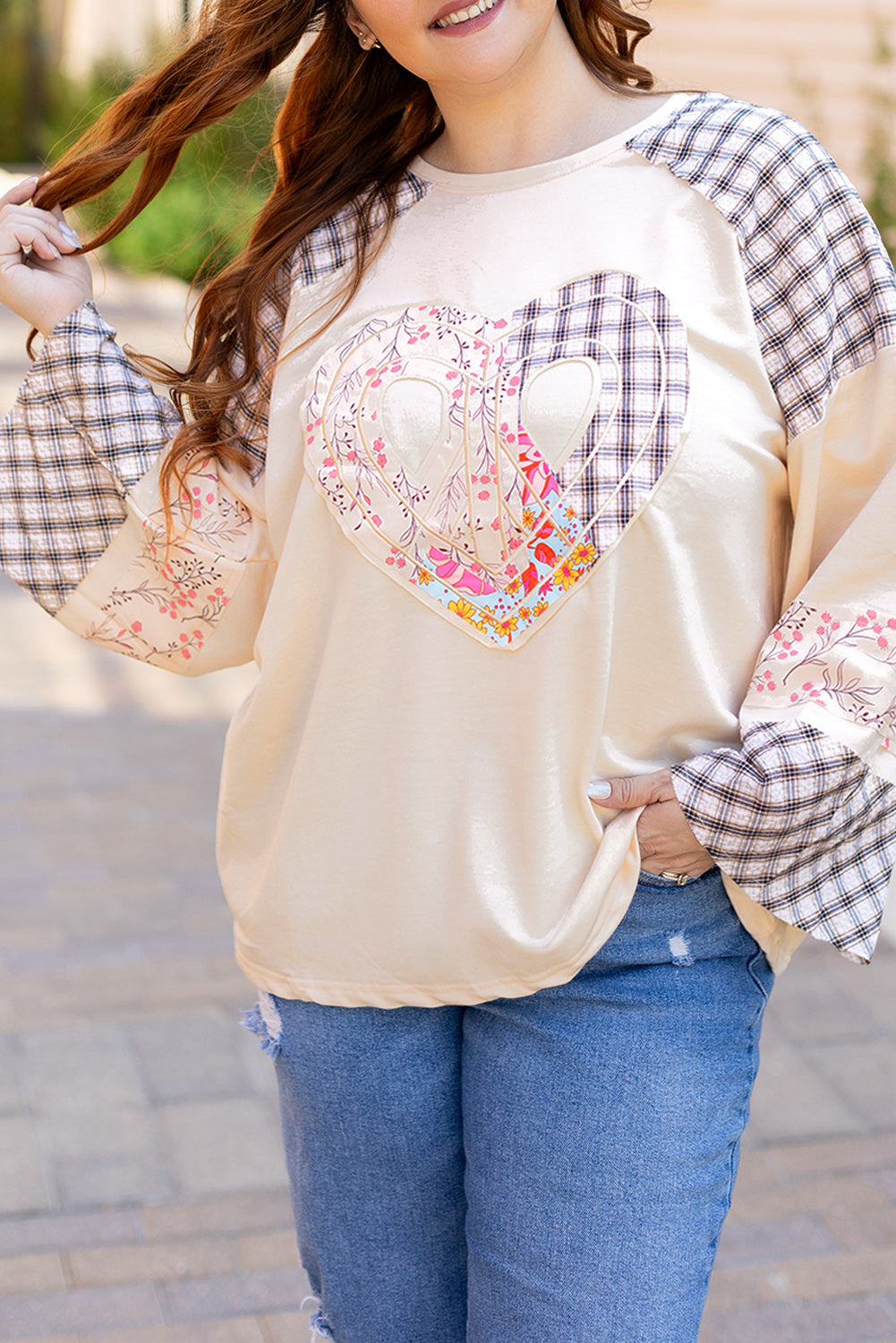 Beige Plaid Floral Peace Heart Graphic Wide Long Sleeve Top