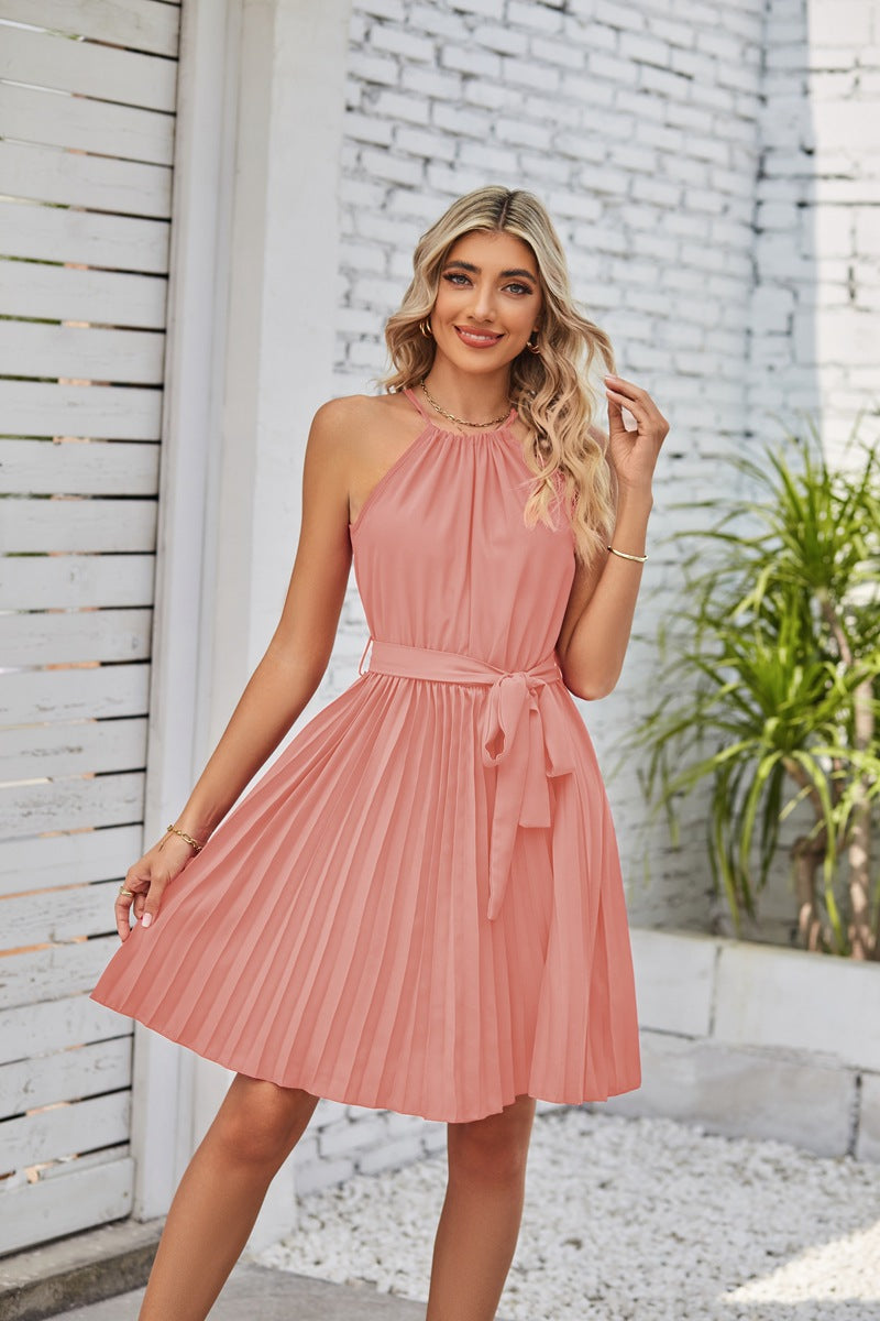 Halter Strapless Dresses for Women Solid Pleated Skirt Summer Beach Sundress