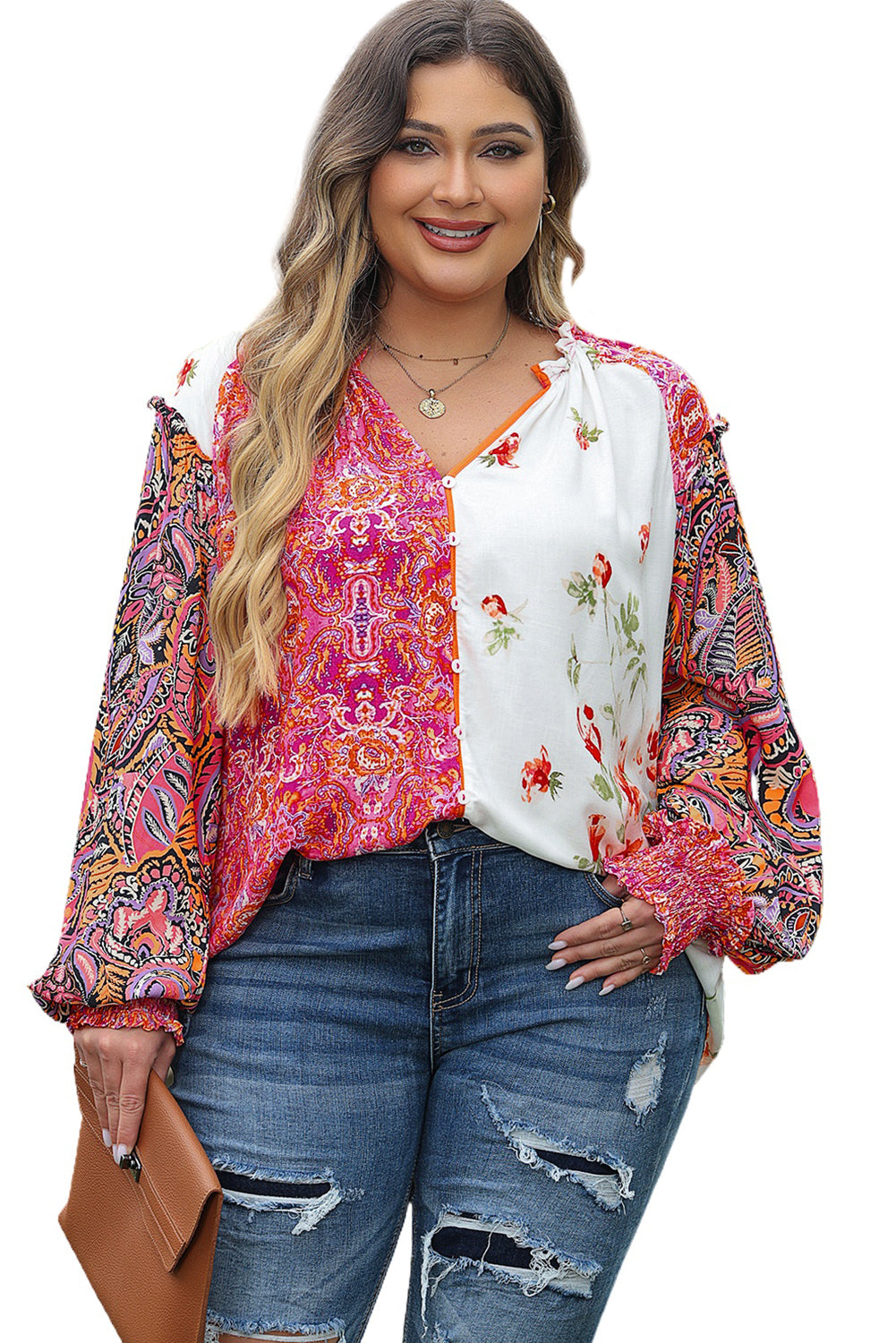 Pink Multicolor Floral Patchwork Shirred Cuffs Buttoned Blouse