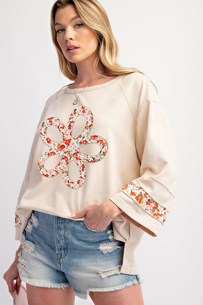 Beige Flower Patch Graphic Exposed Seam Wide Sleeve Top