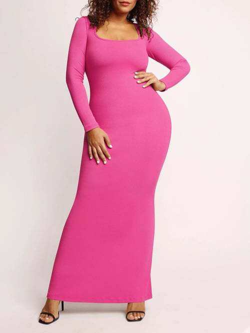 Round Neck Sleeved Slim Fitting Long Dress