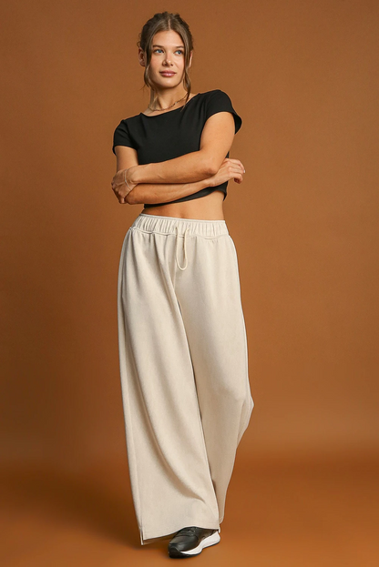 Apricot Loop Drawstring Casual Wide Leg Pants