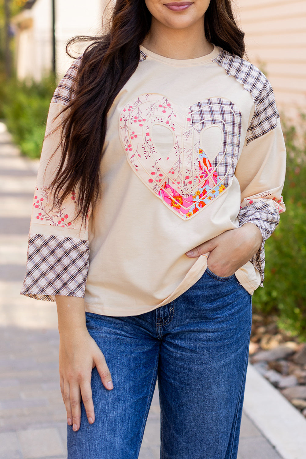 Beige Plaid Floral Peace Heart Graphic Wide Long Sleeve Top