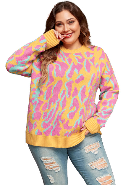 Bright Pink Plus Size Leopard Ribbed Trim Sweater