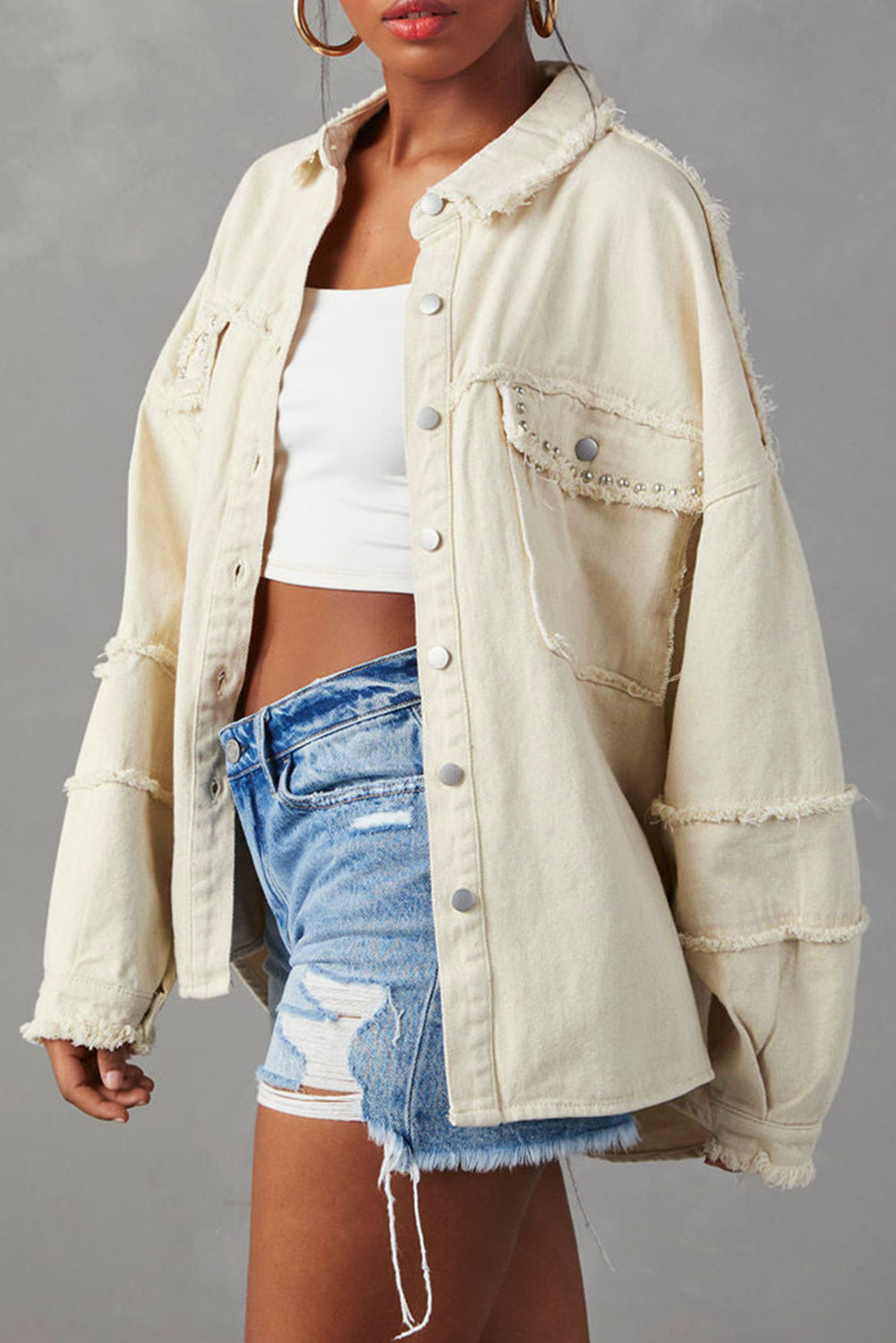 White Frayed Exposed Seam Denim Jacket