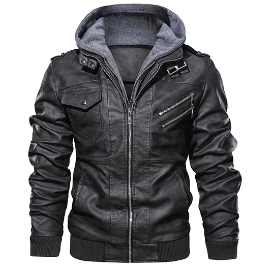 Stylish Men's Faux Leather Motorcycle Jacket with Detachable Hood