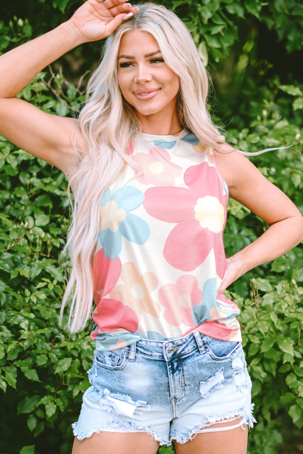 Pink Floral Print Round Neck Sleeveless Top