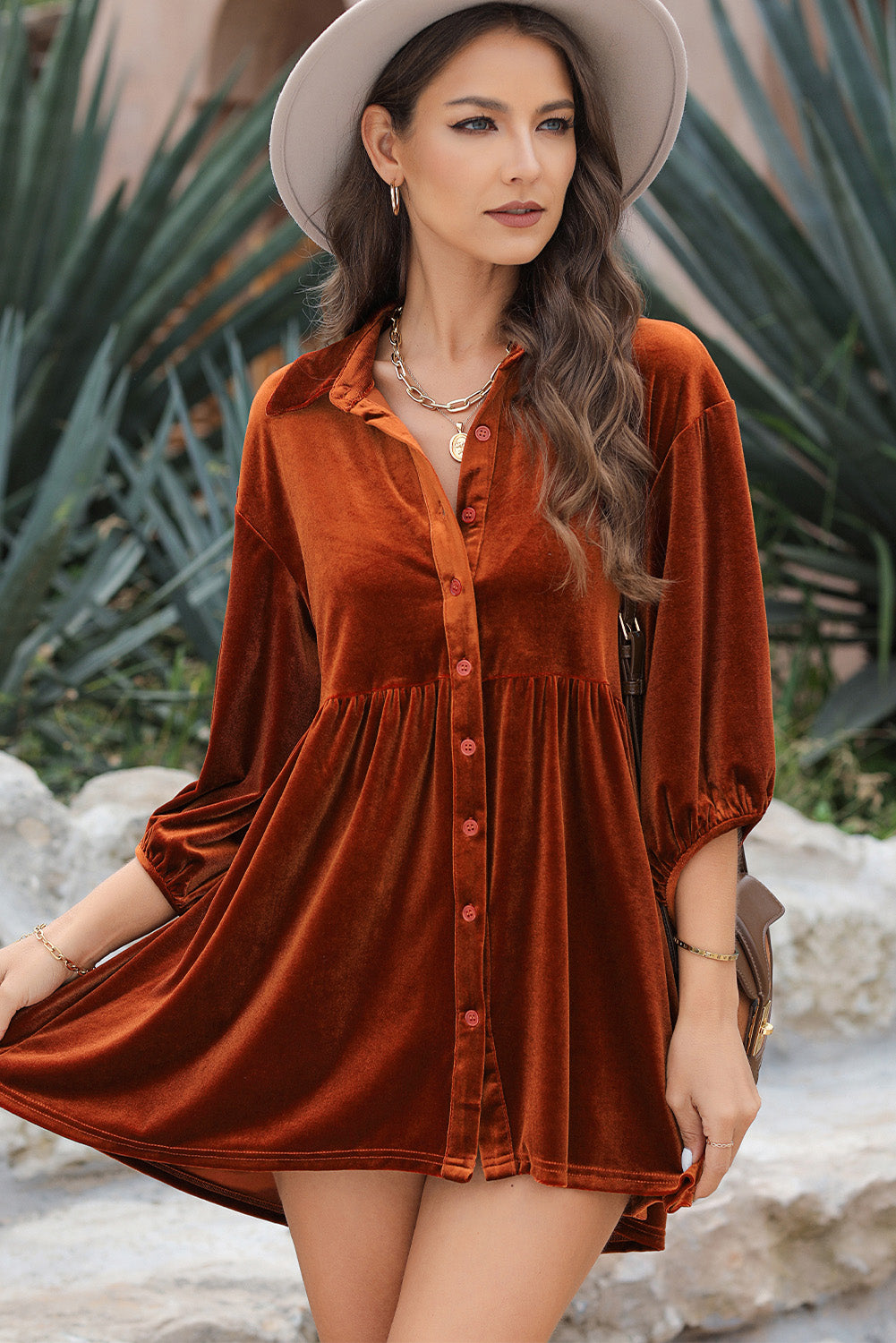 Chestnut 3/4 Sleeve Tunic Babydoll Velvet Shirt