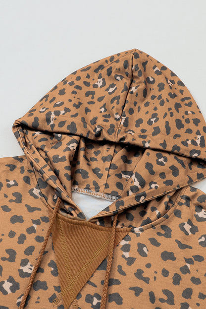 Leopard Long Sleeve Drawstring Cropped Hoodie