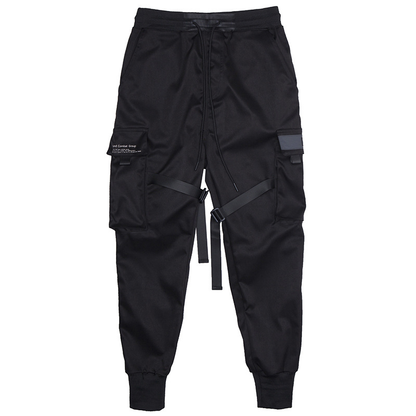 Men Black Hip Hop Cargo Pants Elastic Waist Jogger Trousers Sweatpants Pockets Full Length