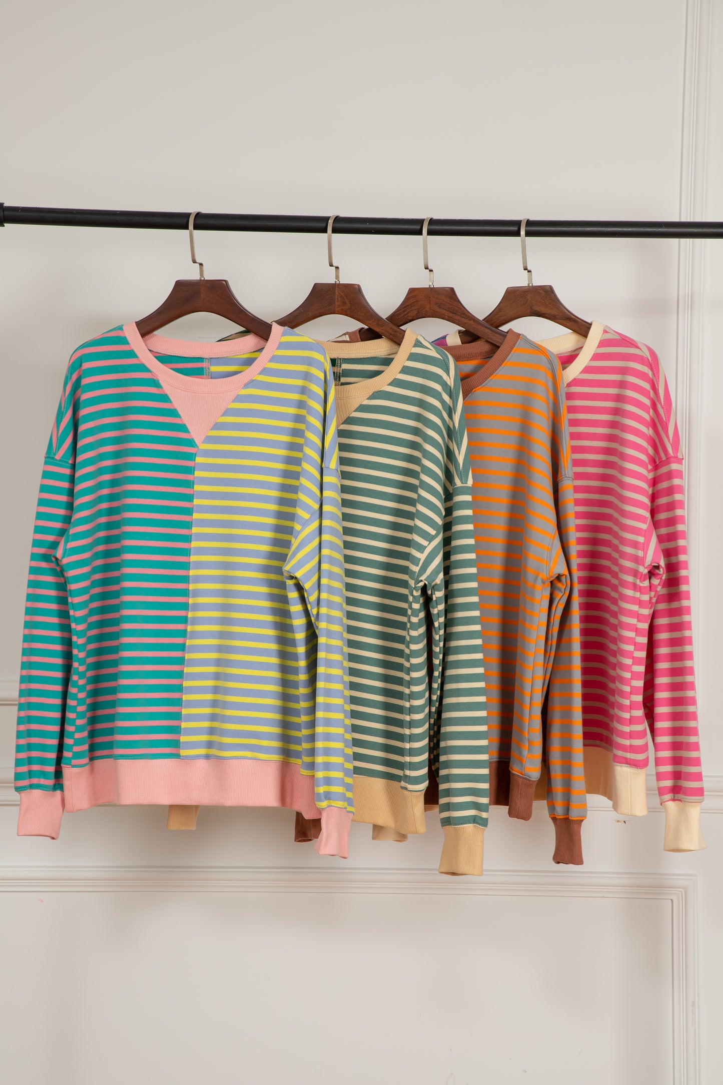 Pink Stripe Casual Stripe Colorblock Drop Shoulder Oversize Sweatshirt