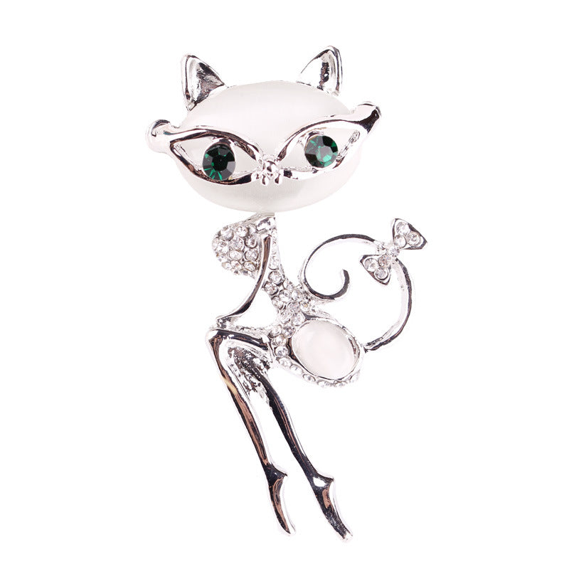 Silver Cat Brooch with Rhinestone Accents