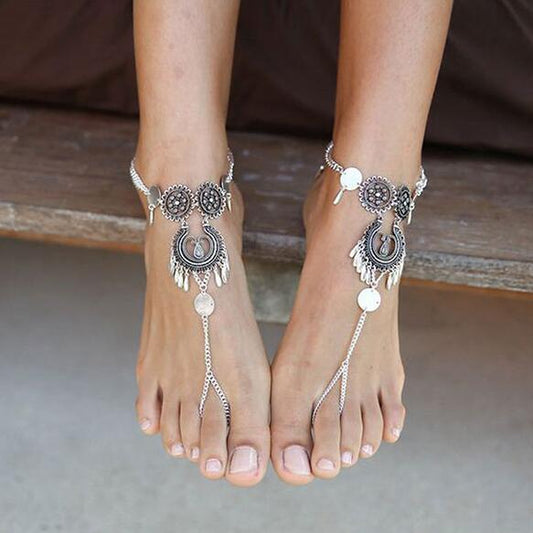 Bohemian Hollow Flower Chain Anklet: Antique Silver Foot Jewelry