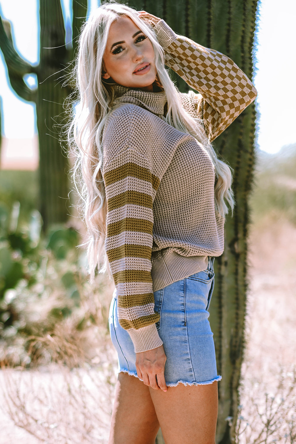 Smoke Gray Striped Plaid Patchwork Waffle Knit Turtleneck Sweater