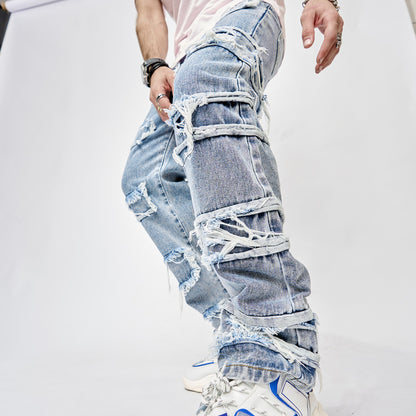 Streetwear Staple: High Street Patched Straight Fit Hip Hop Jeans