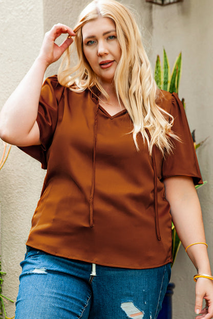 Chestnut Frilled Split Neck Plus Size Satin Blouse