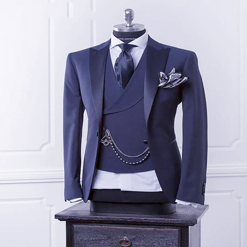 Navy Blue Men's Double-Breasted Business Suit with Pants