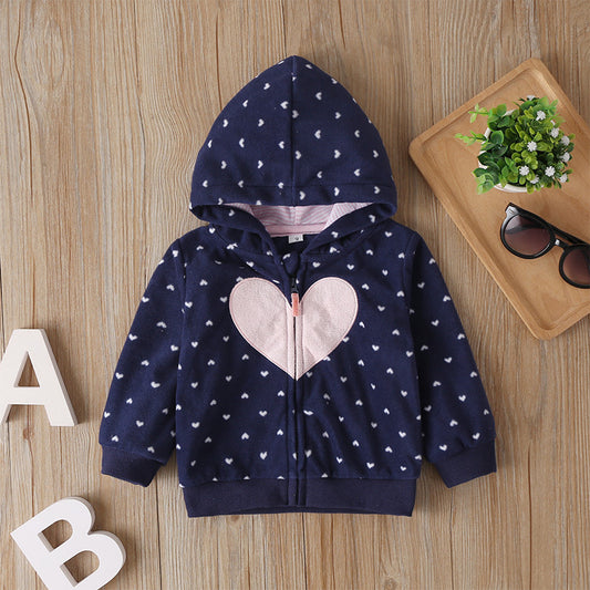 Heart-shaped Print Hooded Zipper Jackets Girls Long Sleeve Warm Outwear Kids Clothes