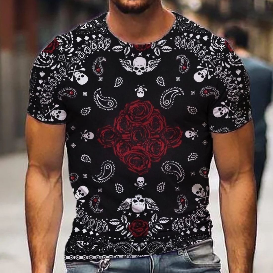 Stylish Men's European and American Style Printed Short-Sleeved Round Neck T-Shirt