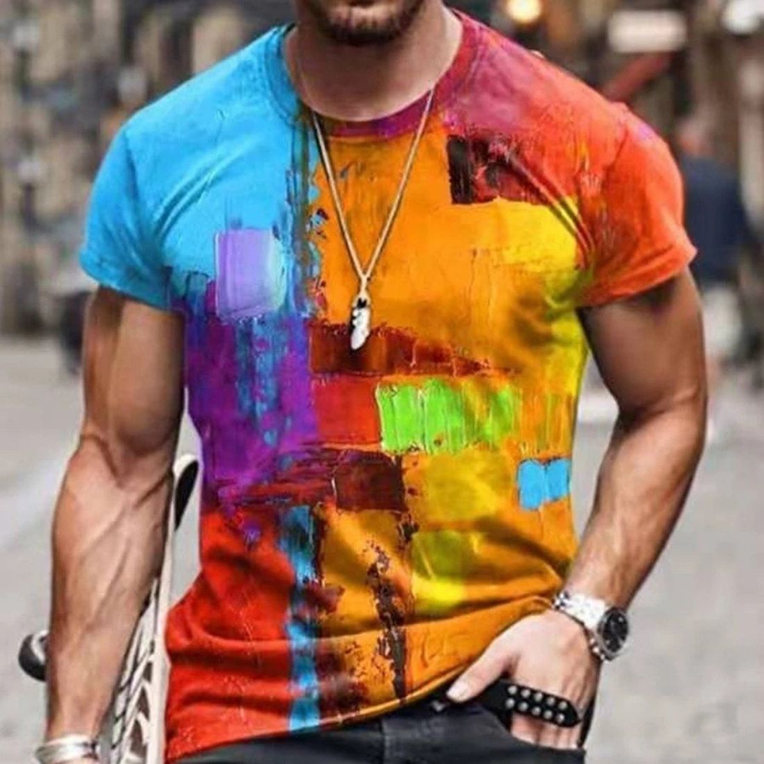 Stylish Men's European and American Style Printed Short-Sleeved Round Neck T-Shirt