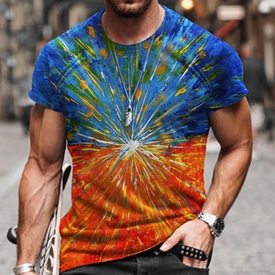 Stylish Men's European and American Style Printed Short-Sleeved Round Neck T-Shirt