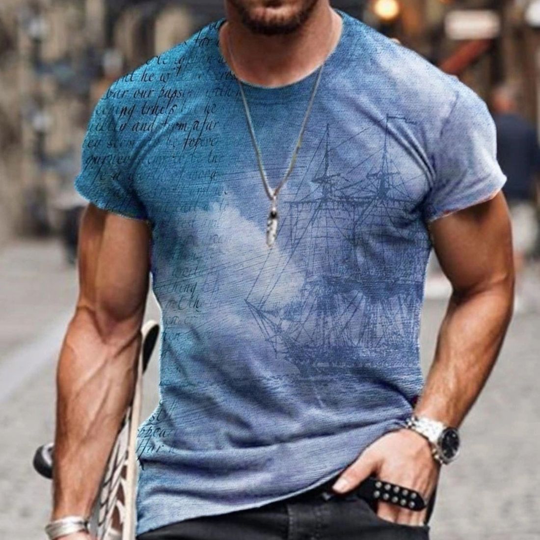 Stylish Men's European and American Style Printed Short-Sleeved Round Neck T-Shirt