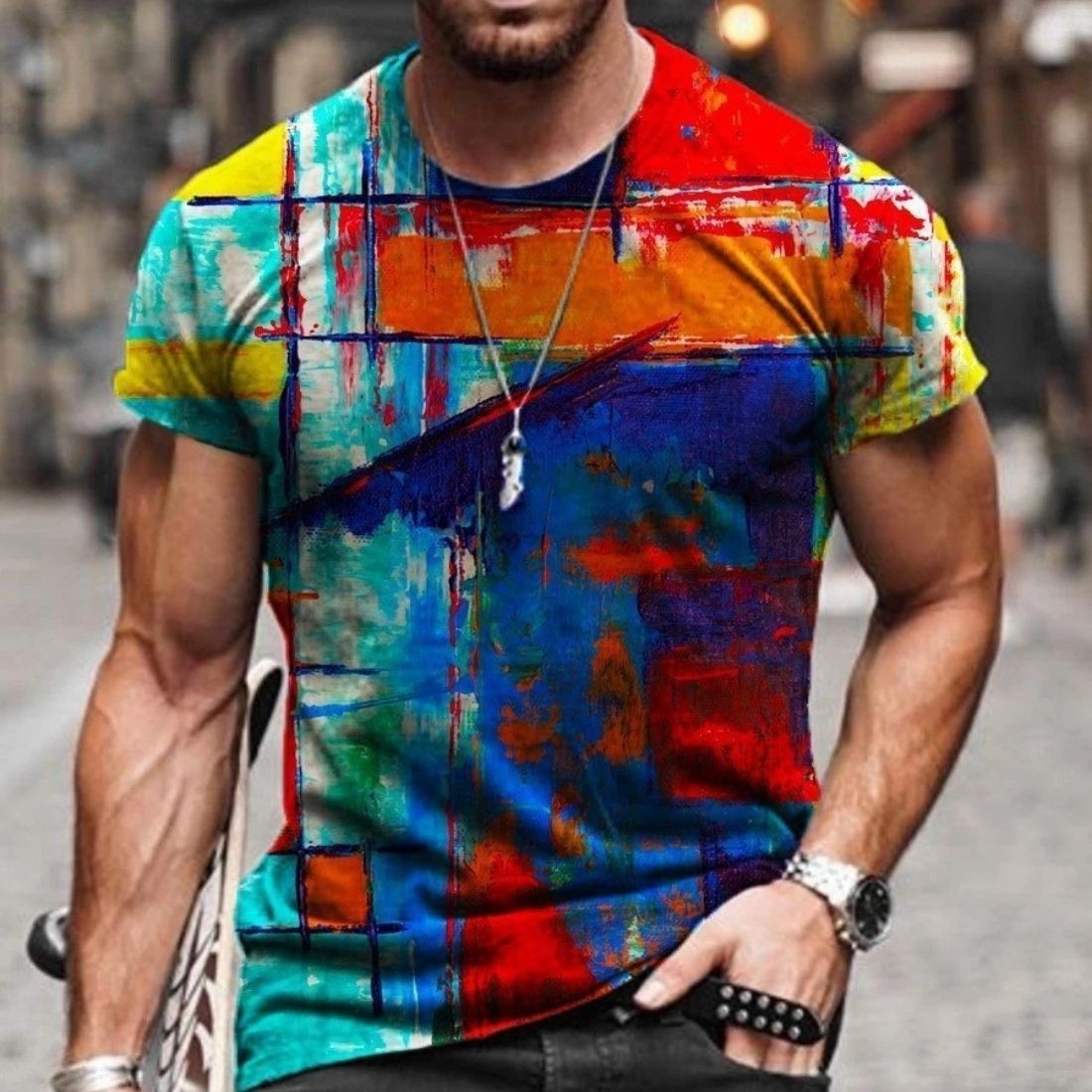 Stylish Men's European and American Style Printed Short-Sleeved Round Neck T-Shirt