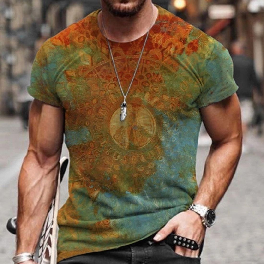 Stylish Men's European and American Style Printed Short-Sleeved Round Neck T-Shirt