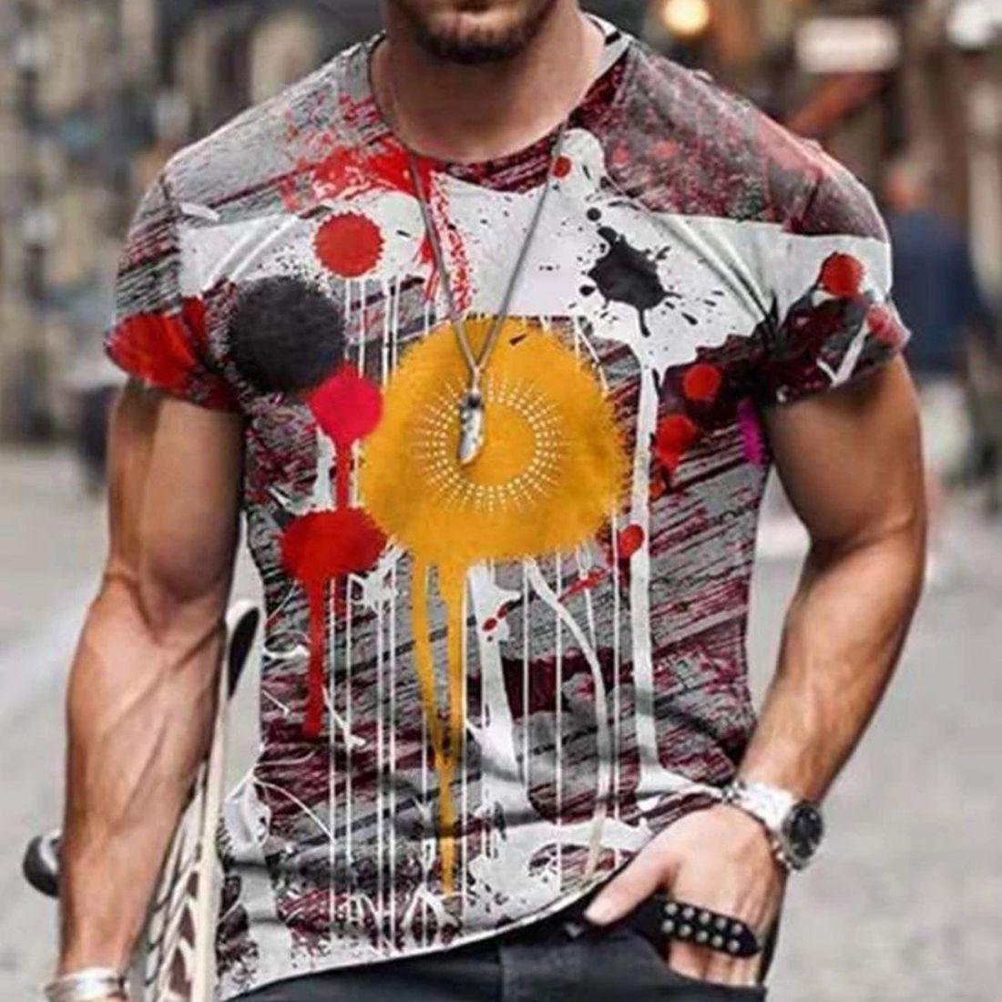 Stylish Men's European and American Style Printed Short-Sleeved Round Neck T-Shirt