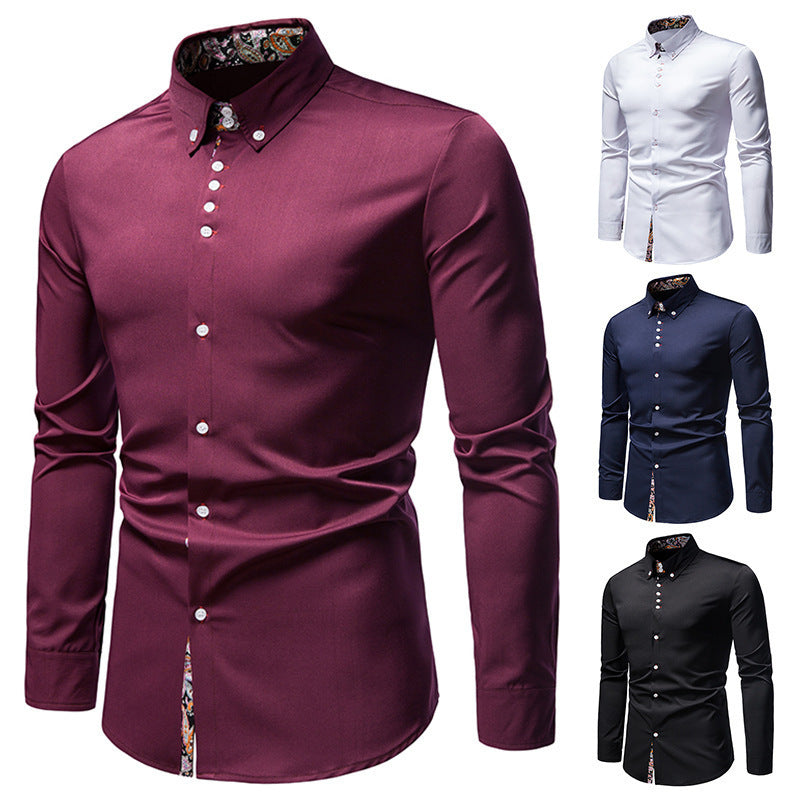 Men's Long-sleeved Shirt Lapel Slim-fit Assorted Colors Polyester Shirt