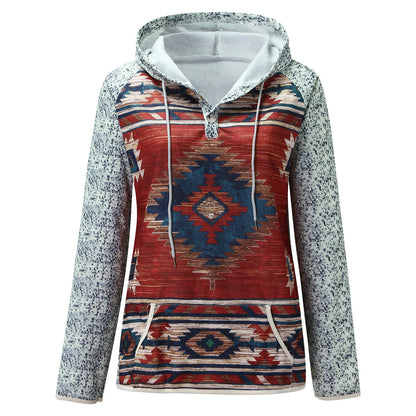 Autumn And Winter Leisure Printed European And American V-neck Hooded Color Sweater