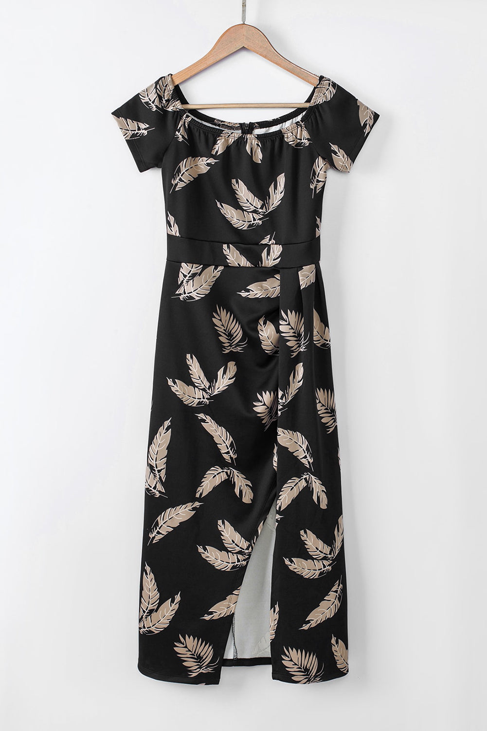 Black Pattern Print Off Shoulder Slit Bodycon Midi Dress