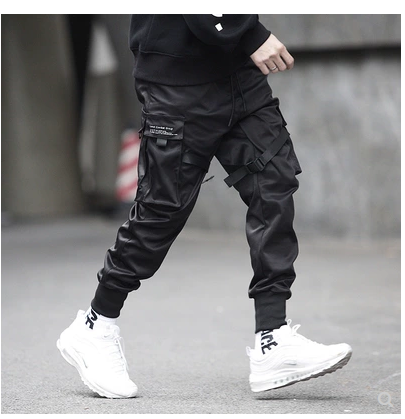 Men Black Hip Hop Cargo Pants Elastic Waist Jogger Trousers Sweatpants Pockets Full Length