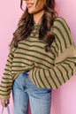 Khaki Stripe Drop Shoulder Casual Sweater