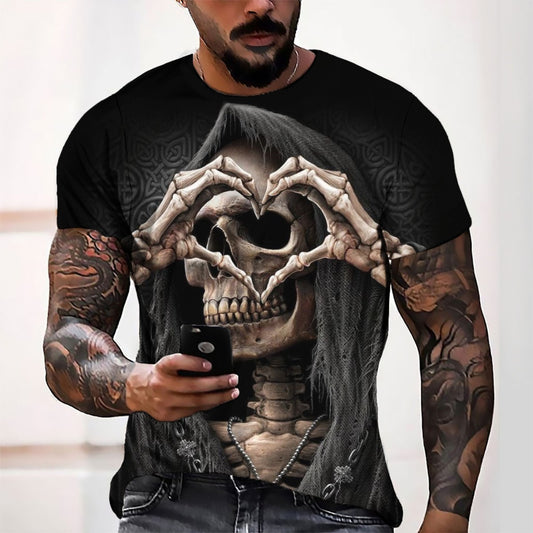 3D Digital Printing Skull Heart Men's Casual Loose Short Sleeve T-Shirt