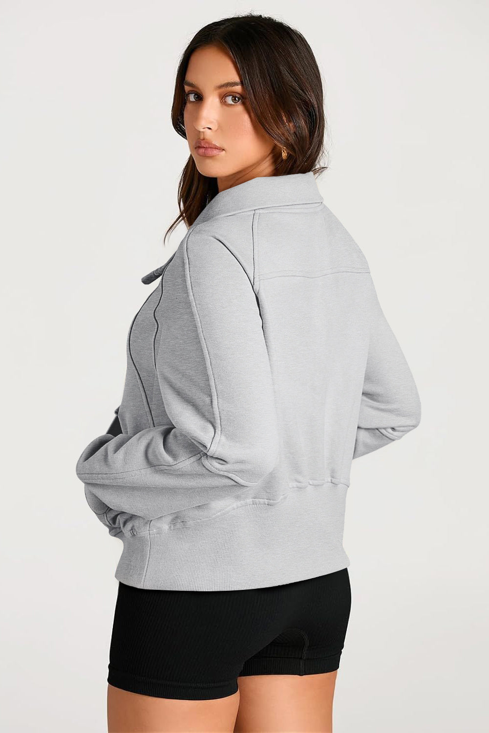 Light Grey Quarter Zip Stand Neck Kangaroo Pocket Sweatshirt