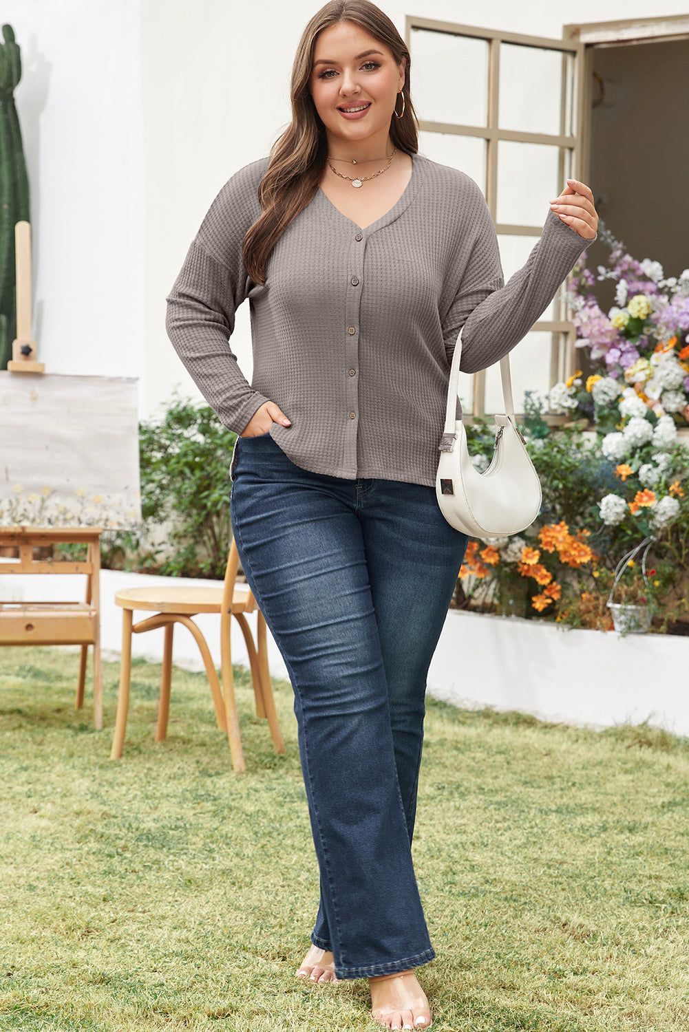 Simply Taupe Waffle Knit Drop Shoulder Button V Neck Plus Size Top