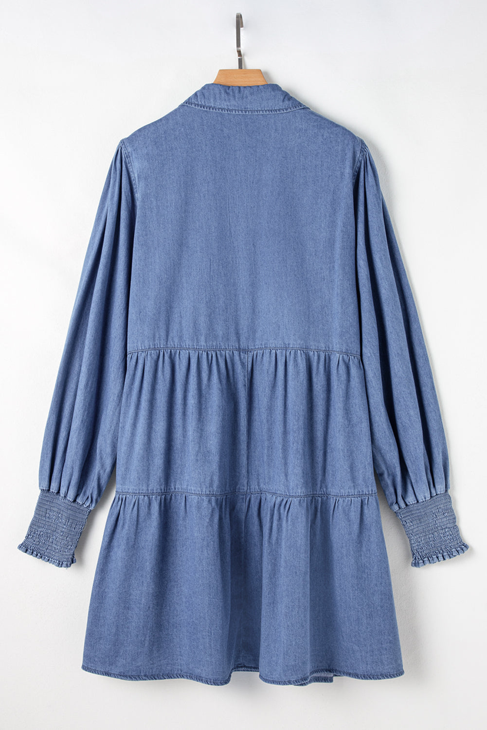 Dusk Blue Smocked Cuff Buttoned Tiered Denim Mini Dress