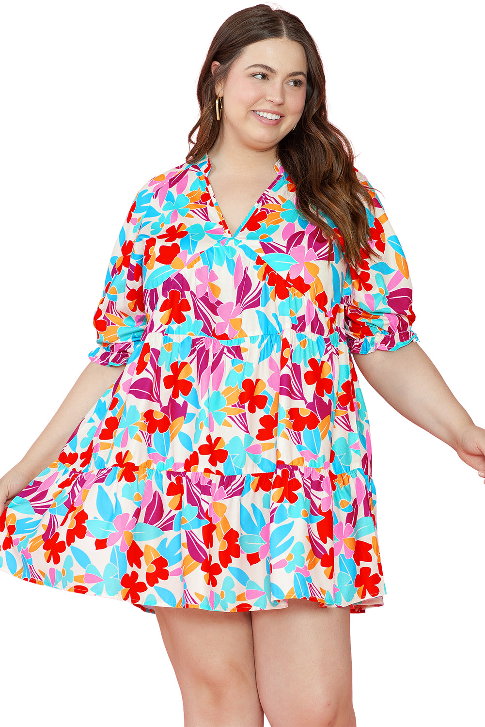 Multicolour Floral Tiered V Neck Plus Dress